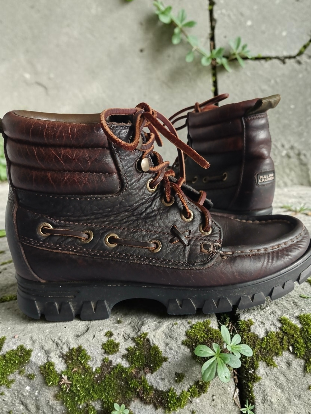 Vintage 90's Ralph Lauren Brown Leather Lace-Up Padded Ankle Boots